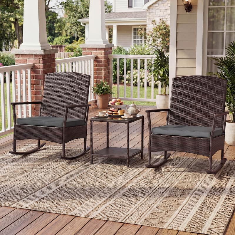 Costway 3 Piece Patio Rocking Set Wicker Rocking Chairs with 2-Tier - See Details
