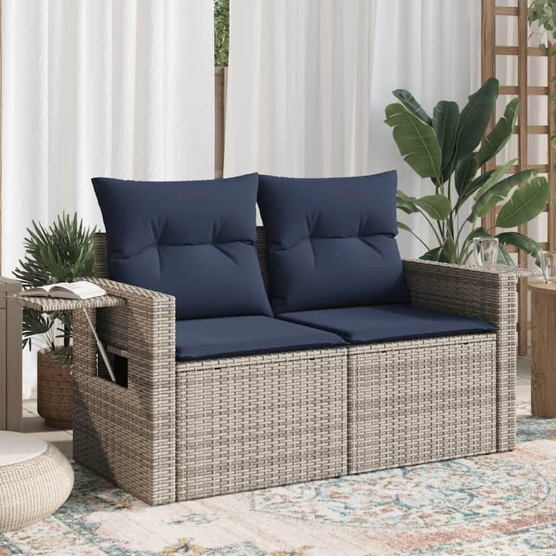 vidaXL Patio Sofa with Cushions 2-Seater Gray Poly Rattan - 48.8" x 24.4" x 27.2" - Gray without storage