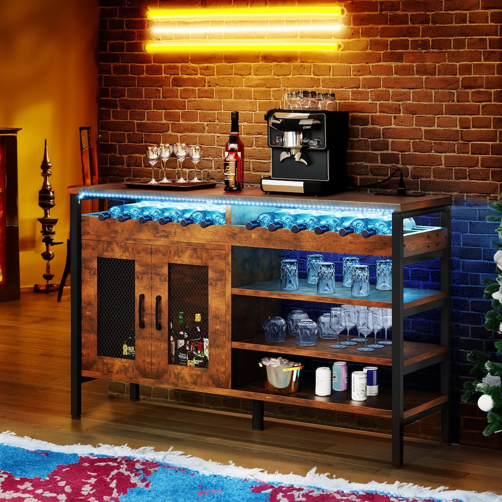 Moasis 55" Industrial Coffee Bar Cabinet with Led Lights and Power Outlets - 55"L x 15.7"W x 29.5"H