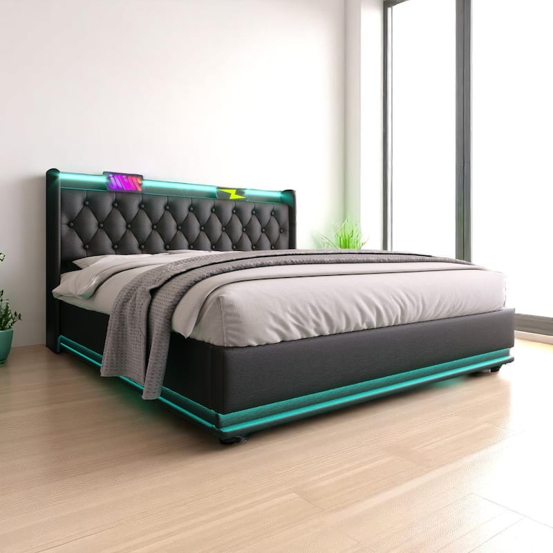 Twin/Full/Queen/King Upholstered Storage Bed with 360掳 LED, USB Type-C Charging, Remote/App Control, Black PU - Black - Queen