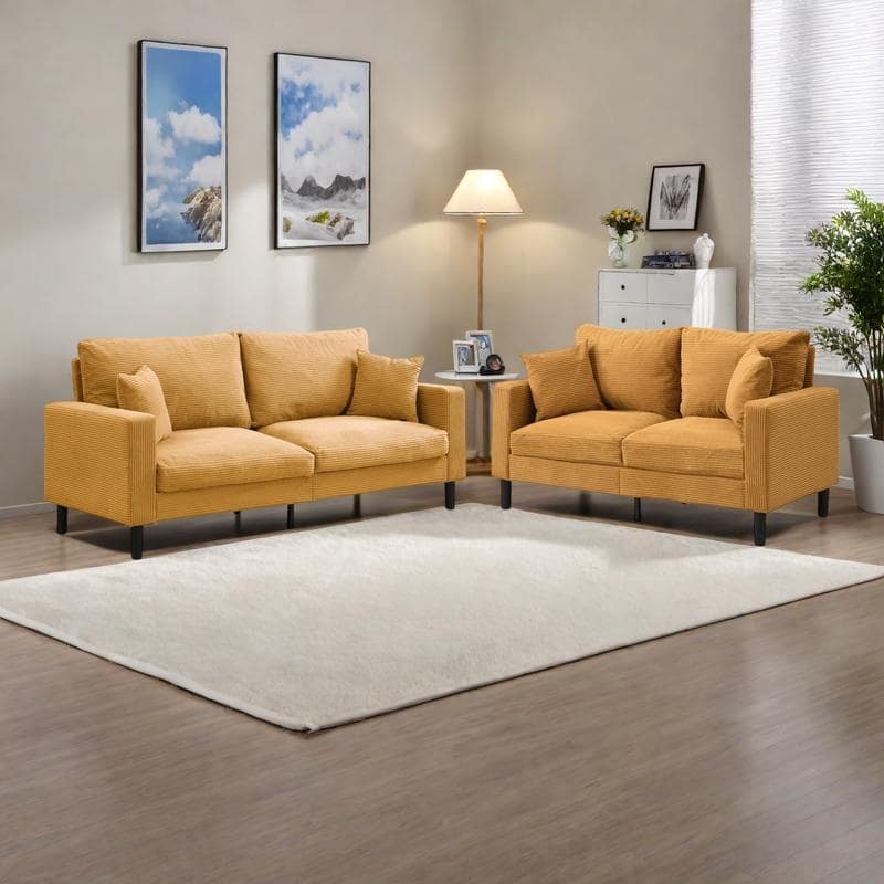 5-Seat Corduroy Sofa Set (3-Seater + 2-Seater) with High-Density Sponge Cushions & Sturdy Hardwood Frame - Orange