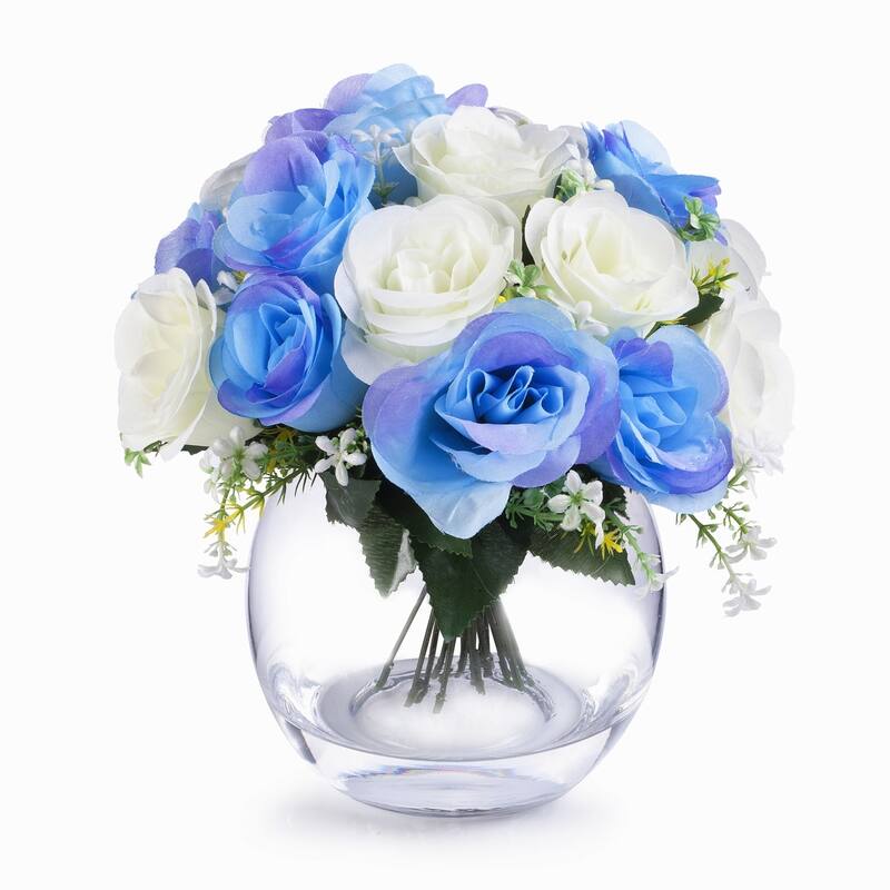 Enova Home Artificial Mixed Fake Open Roses Silk Flowers Arrangement in Clear Glass Vase with Faux Waterfor Home Wedding Decor