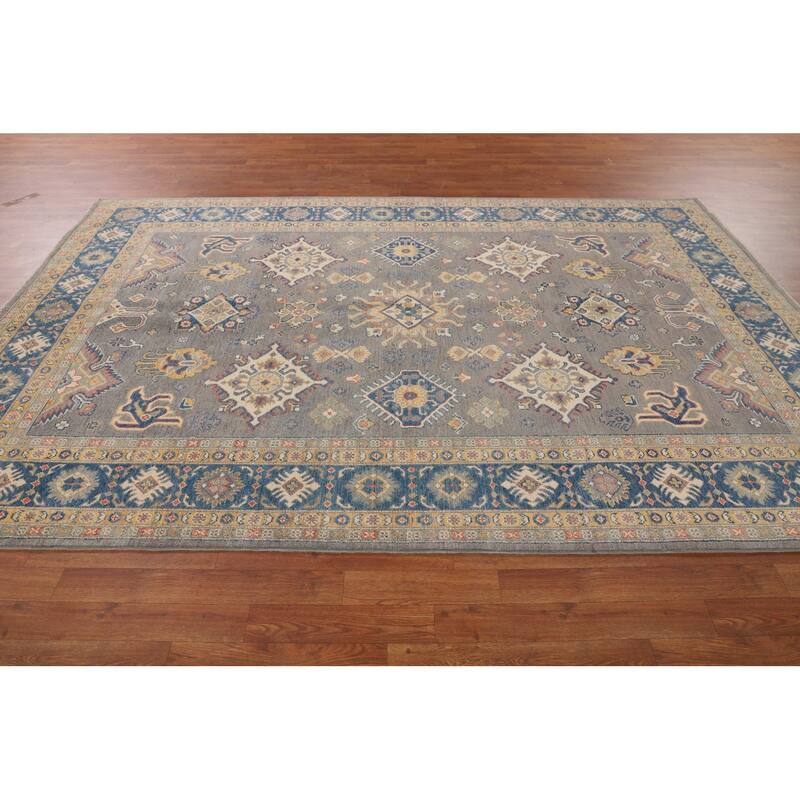 Hand Knotted Oriental 100% Wool Carpet Traditional Geometric Greys & Charcoal Kazak Area Rug - 9' 9'' X 6' 5''
