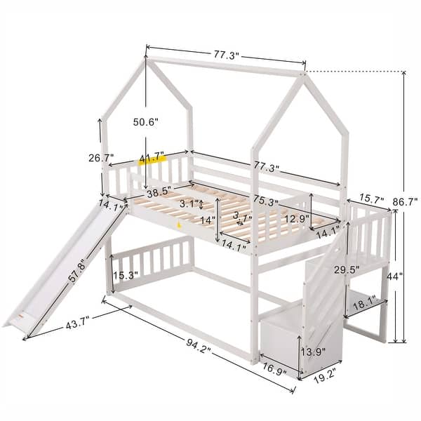 dimension image slide 1 of 2, Twin over Twin House Bunk Bed with Convertible Slide,Storage Staircase
