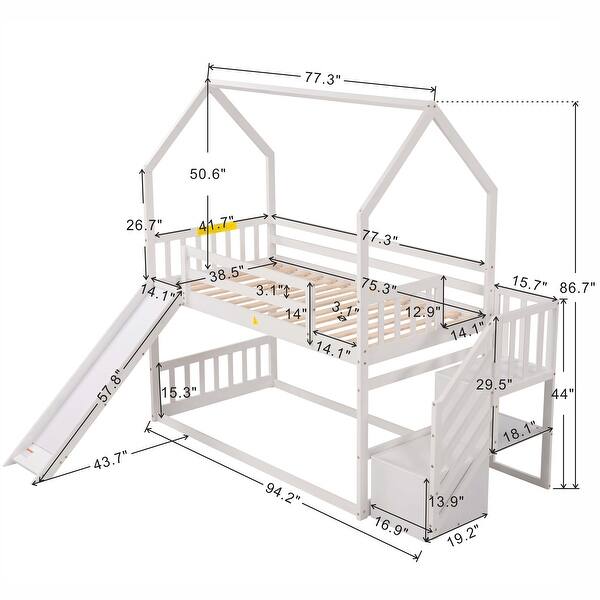 dimension image slide 1 of 2, Twin over Twin House Bunk Bed with Convertible Slide and Storage Staircase