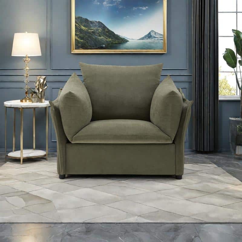 Chenille & Wood Oversized Lounge Chair with Removable Cushion Covers and High-Rebound Foam Seat - Green