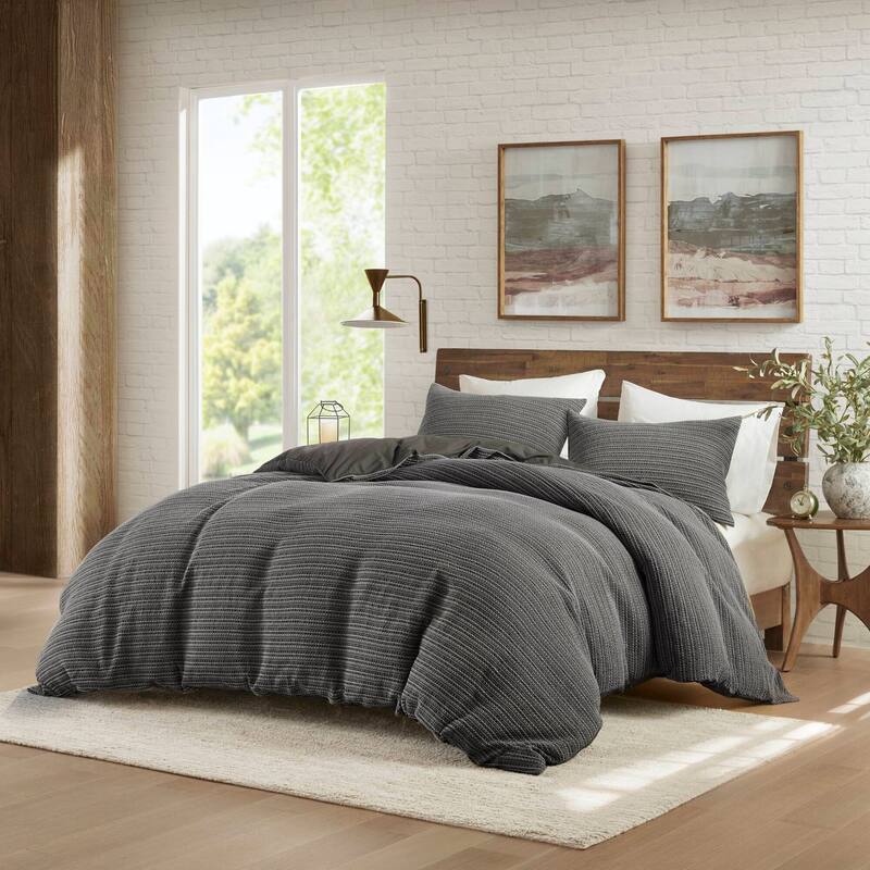 3PCS King/Cal King Waffle Washed Duvet Set - Charcoal