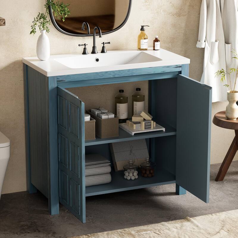 36" Bathroom Vanity with Undermount Resin Sink, Retro Blue Bathroom Storage Cabinet with Adjustable Shelves, Solid Wood Frame