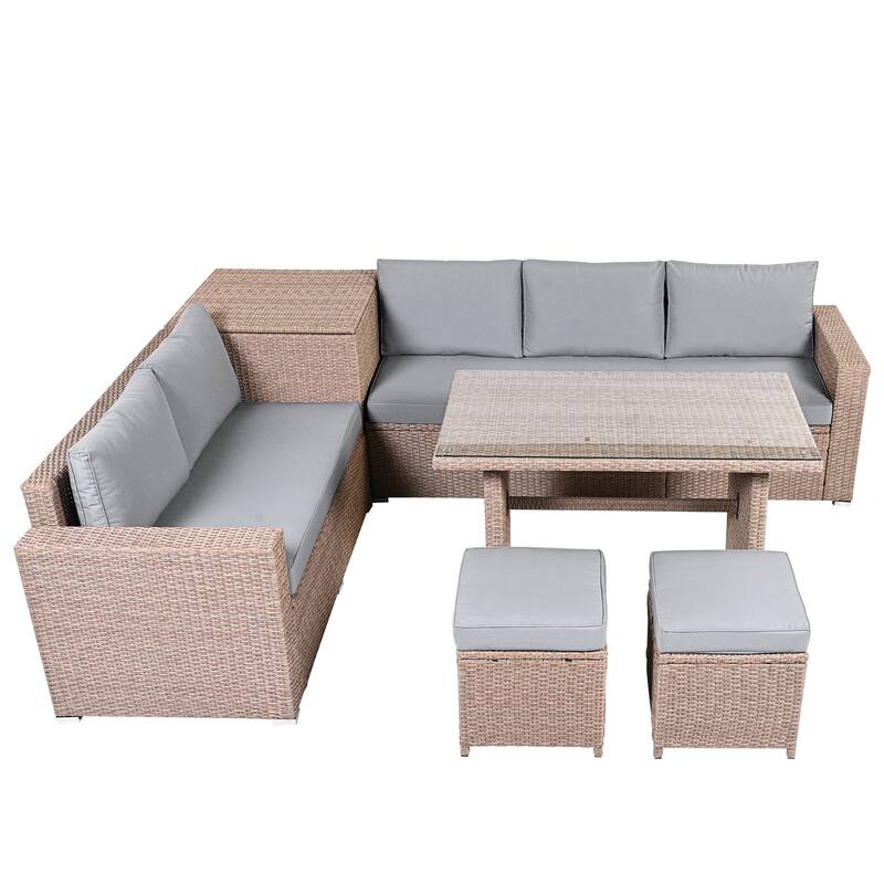 6-Piece All-Weather Outdoor PE Rattan Sofa Set - Patio Wicker Sectional with Storage Box, Removable Covers & Table