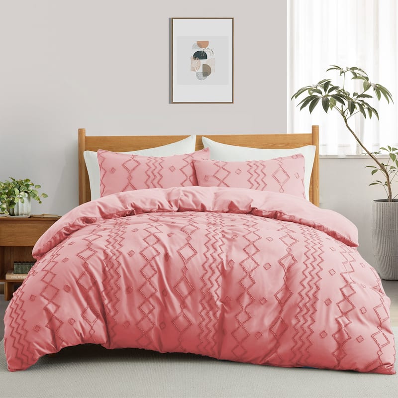 3 Piece Tufted Clipped Jacquard Geometric Oversized Duvet Cover Set - King - Diamond/Pink