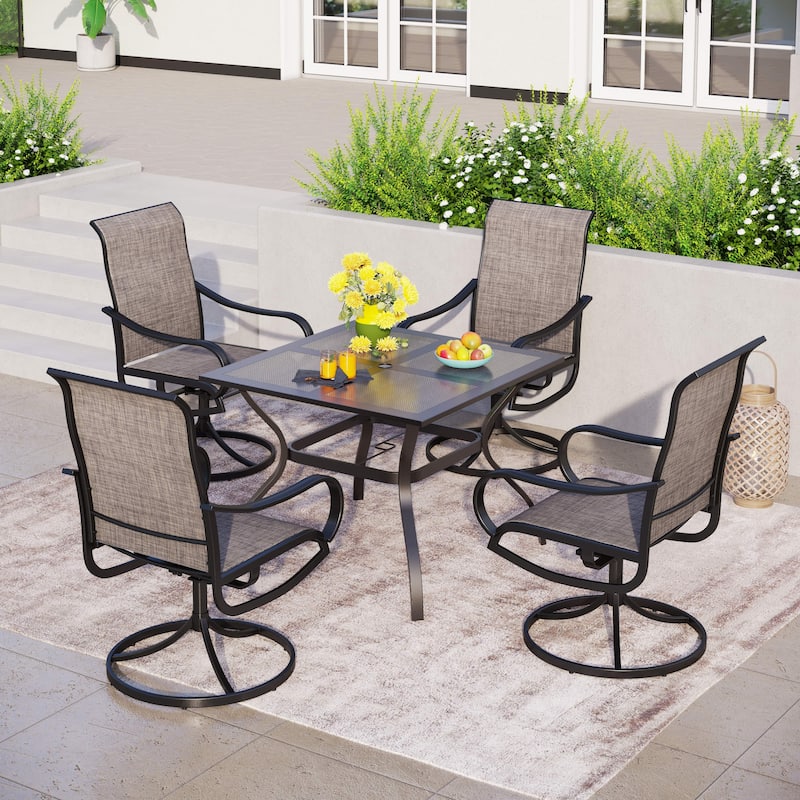 MAISON ARTS 5 Pieces Patio Dining Set, 4 Sling Dining Swivel Chairs and 37" Square Metal Mesh Table with 1.57" Umbrella Hole - Grey