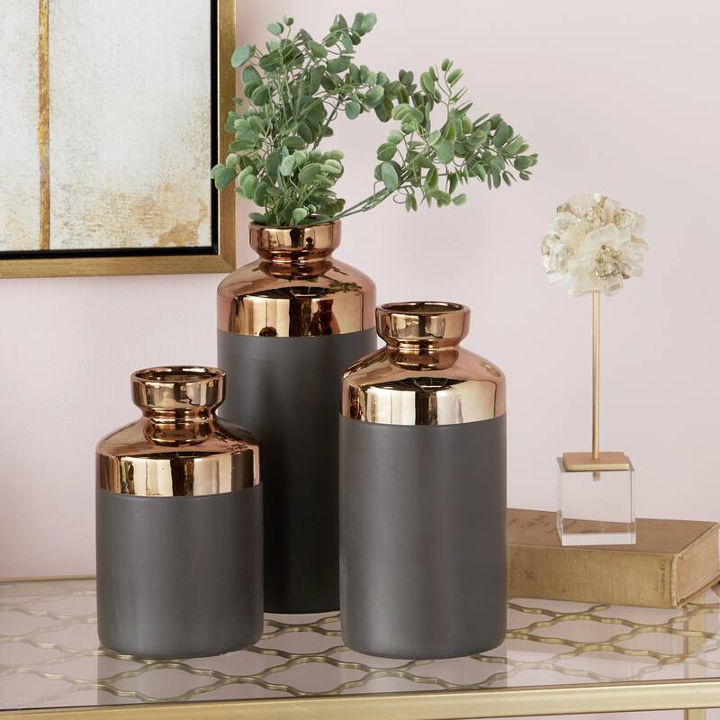 Ceramic Decorative Vase with Copper Like Tops - Set of 3 Gray - CosmoLiving by Cosmopolitan