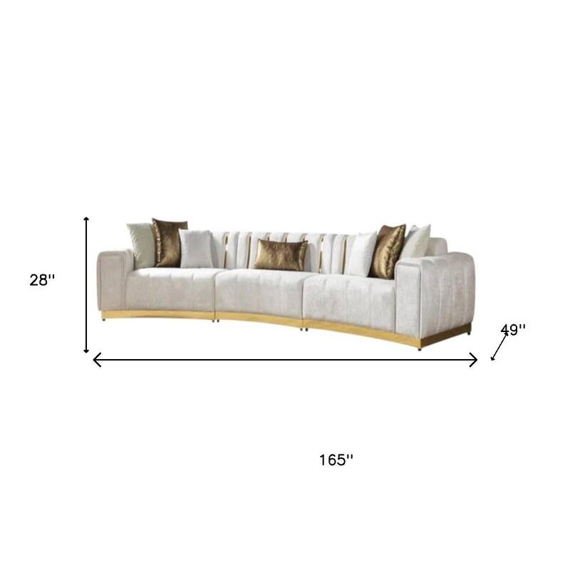 HomeRoots Gold And White Velvet Curved Three Piece Sectional With Toss Pillows