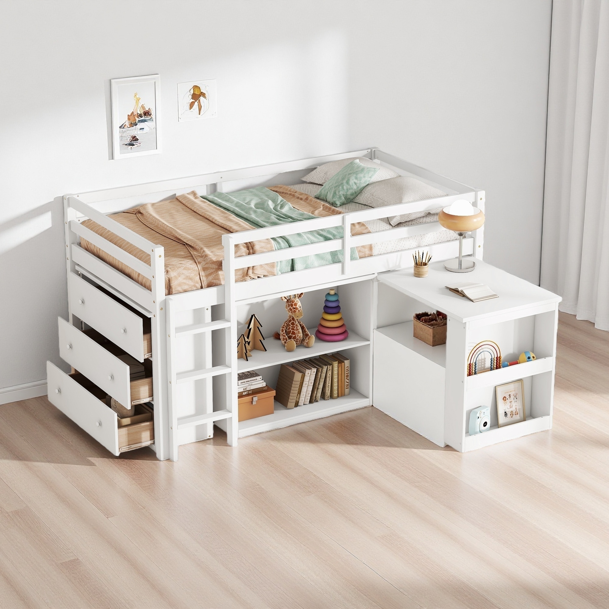 Twin Loft Bed with Pull-Out Desk & Storage and 3-Drawer Cabinet & Shelves (250lb Capacity)