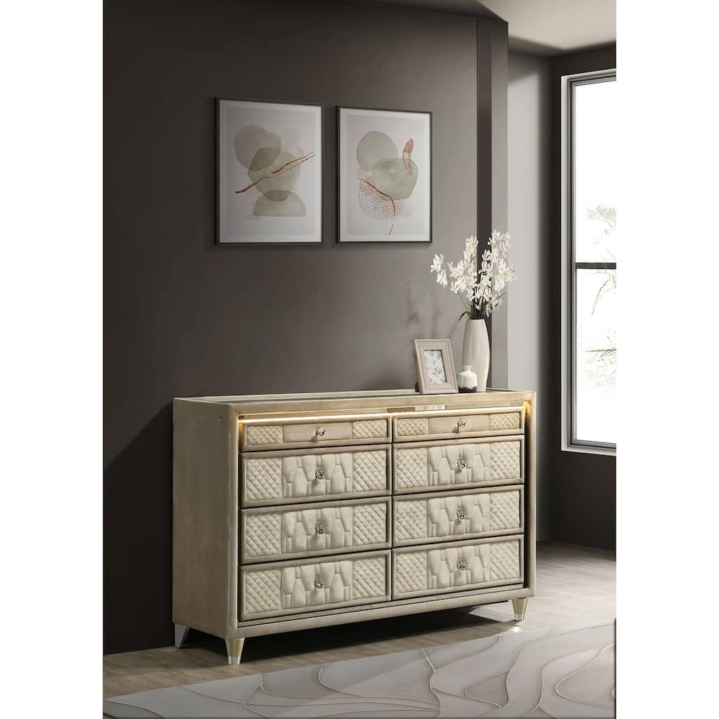 Lorient 8-drawer LED Bedroom Dresser Cabinet Ivory and Camel