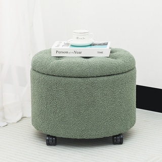 Adeco 20" Wide Button Tufted Round Storage Ottoman with Casters