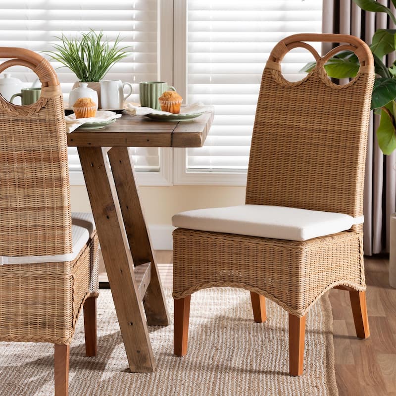 Dyna Natural Rattan Dining Chair - Handwoven Wicker Side Chair with Removable Cushion and Loop Backrest, Boho Coastal Seating