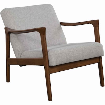 Fabric Upholstered Mid Century Wooden Lounge Chair, Gray and Brown - 29 H x 27.5 W x 34 L Inches