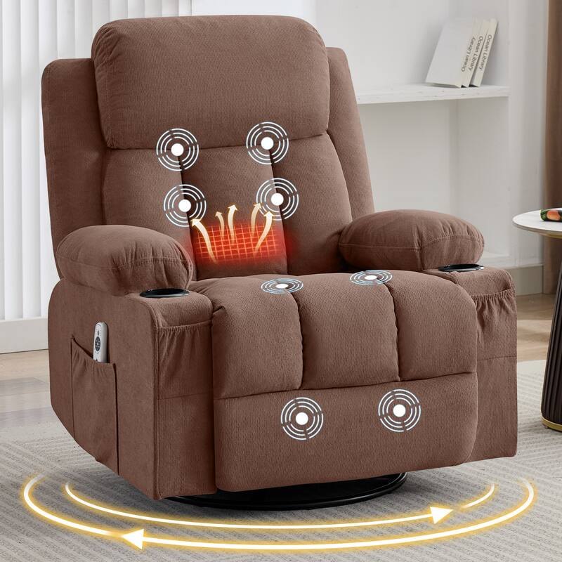 Swivel Rocker Recliner Chair with Vibration Massage and Heat, with Rocking and Side Pocket, USB Charge Port, 2 cup holders