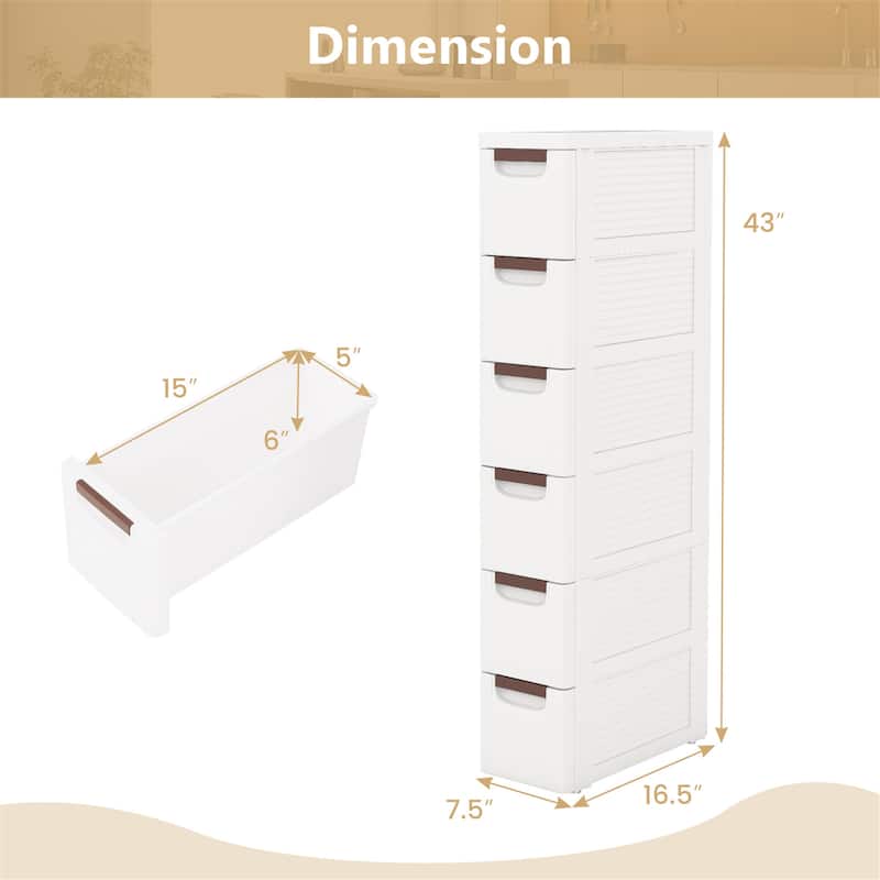 Gymax 6-Drawer Narrow Rolling Storage Cabinet w/ Pull Handles Built-in