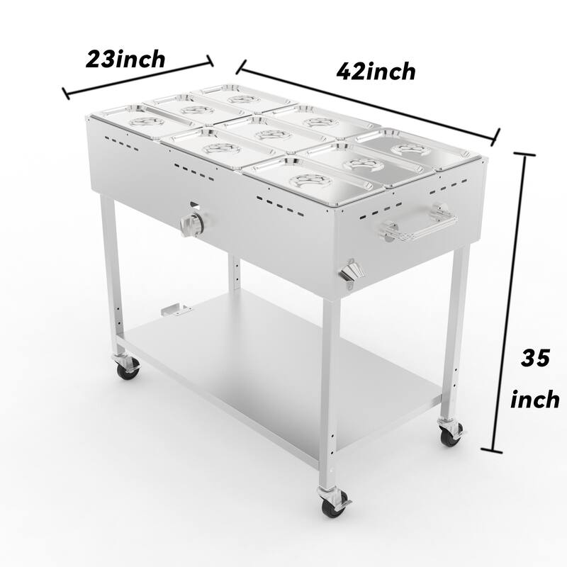 9 Propane Steam Table, L Gas Outdoor Soup Warmer 3" Wheels,StainlessSteel Propane Food Warmer&Adjustable Temperature