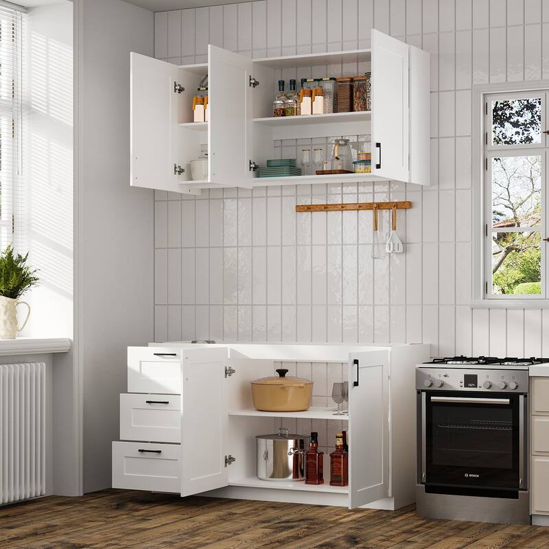 Modular White Kitchen Cabinet Set Customizable Base and Wall Cabinets Pantry Storage and DIY Countertop Design(Without desktop)