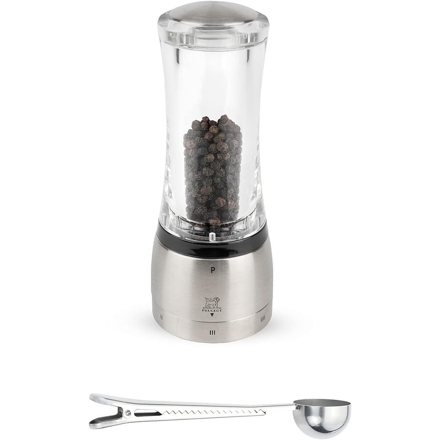 Peugeot Daman U'Select Shaftless 6.5 Inch Salt & Pepper Mill Gift Set, Stainless Steel - With Scoop (Pepper Mill)