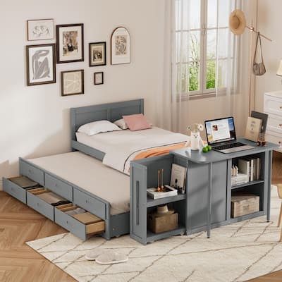 Wood Platform Bed with Built In Trundle Bed and 3 Drawers, Twin Size Versatile Bed Frame with Desk and Storage Shelf