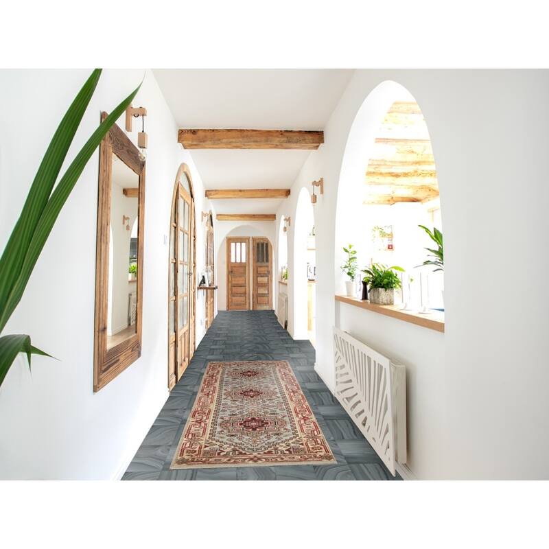 Hand Knotted Oriental 100% Wool Carpet Traditional Geometric Navy Blue & Blues Heriz (serapi) Runner Rug - 8' 1'' X 2' 5''