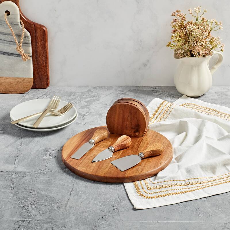 Tabletops Gallery 5-piece Acacia Wood Cheese Serving Set with Block & Knives