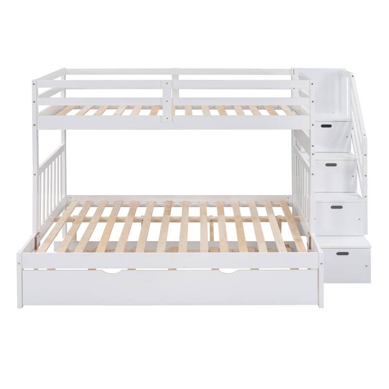 Solid Pinewood Detachable Bunk Bed Frame, Wooden Twin over Full Bunk Bed with Twin Size Trundle Bed and Storage Staircase - White - Full