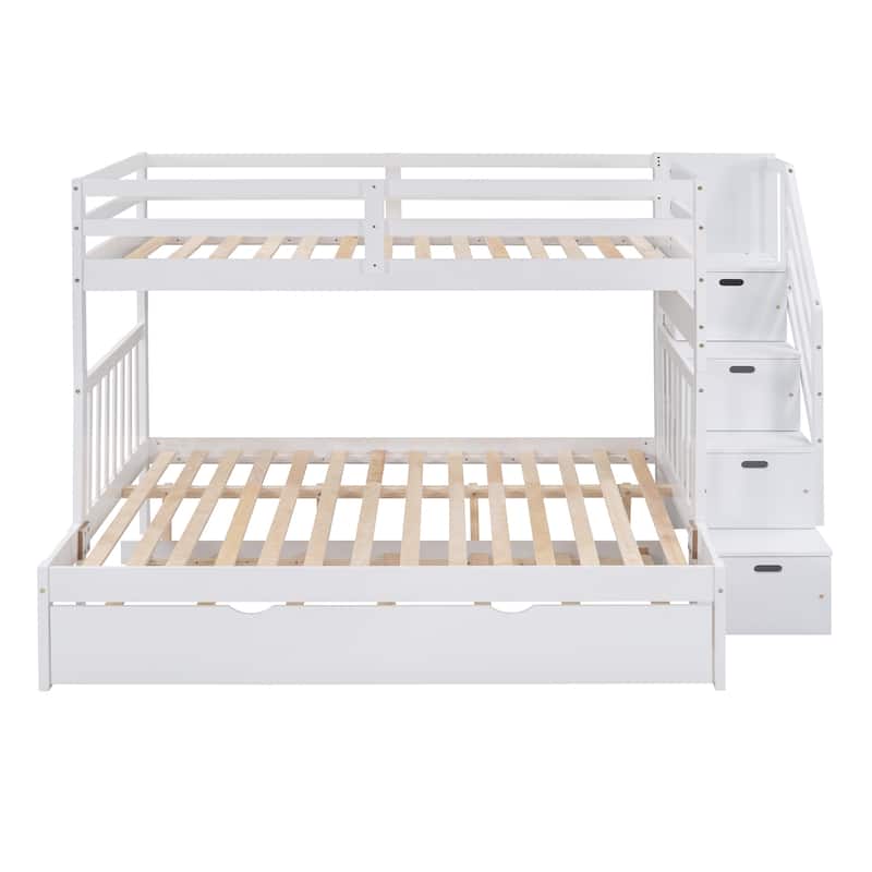 Twin Over Full Bunk Bed with Trundle and Storage Stairs Solid Pine Wood Frame