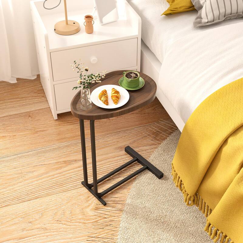 Sofa and Bedside C-Shaped Side Table, Wood C-Shaped End Table with Metal Frame Slide for Bedroom Living Room - Brown
