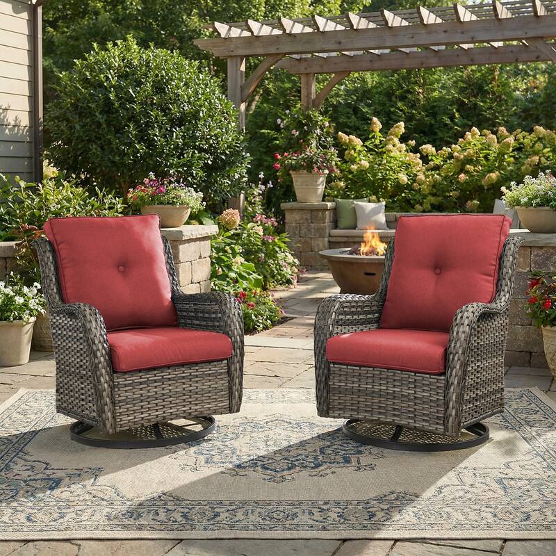 Pocassy Outdoor Wicker Glider Swivel Club Chairs (Set of 2) - Mix Grey - Grey/Red