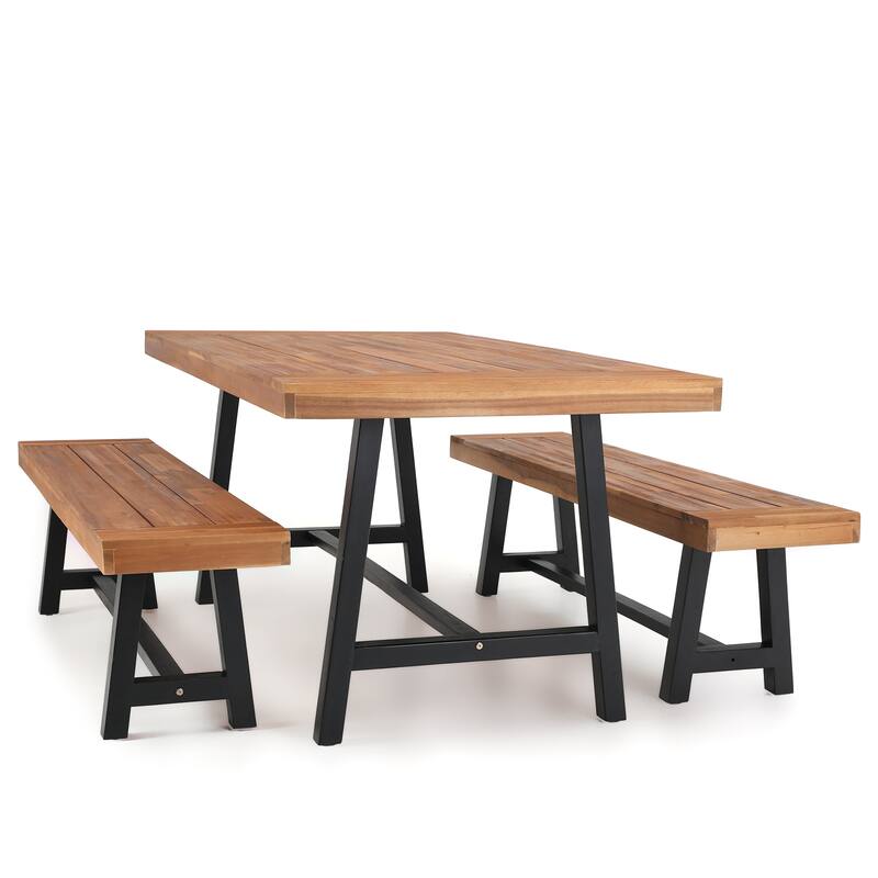 MAISON ARTS Sophia & William 3-Piece Patio Wooden Dining Set, 1 Wooden Table and 2 Wooden Benches