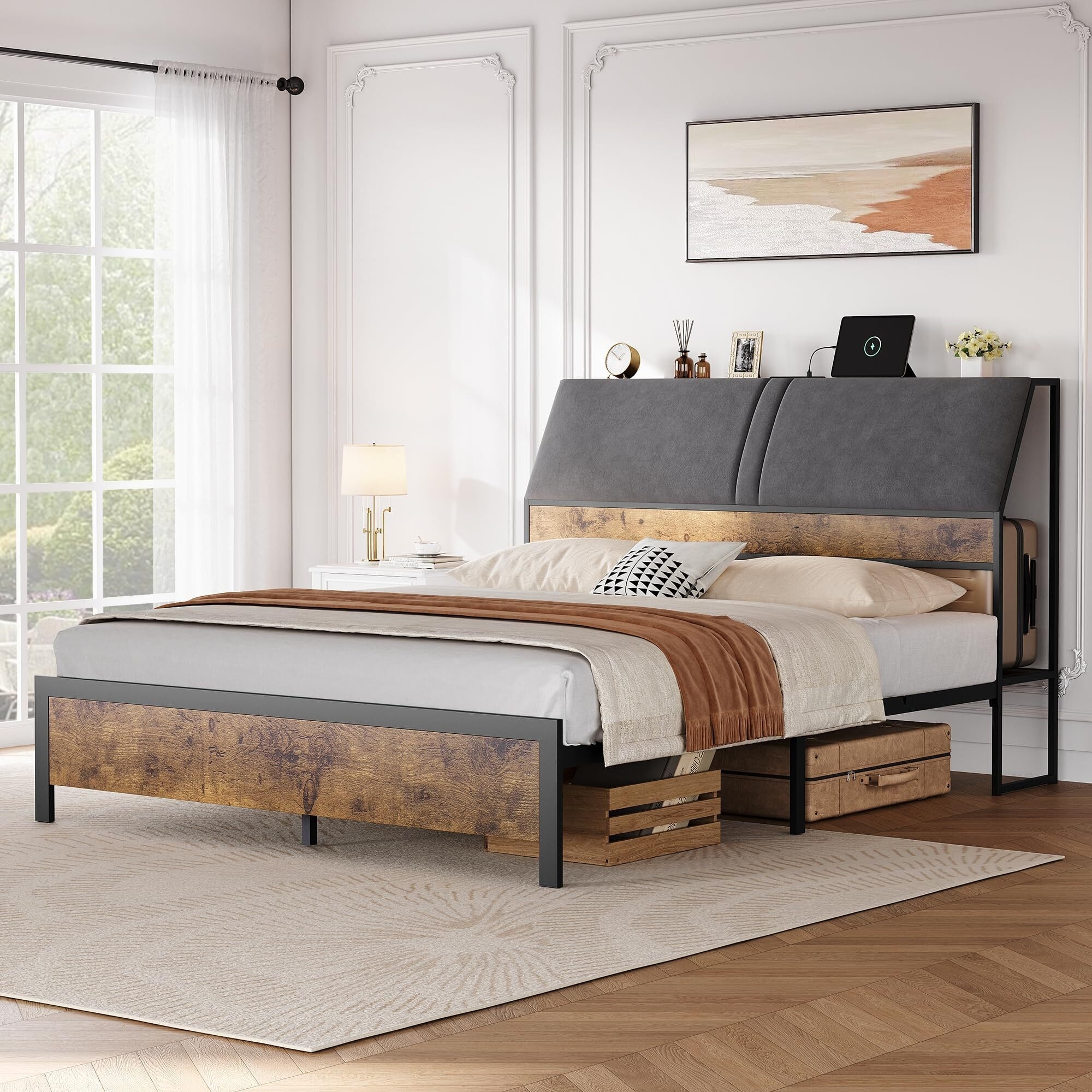 Full Size Bed Frame with Ergonomic Headboard