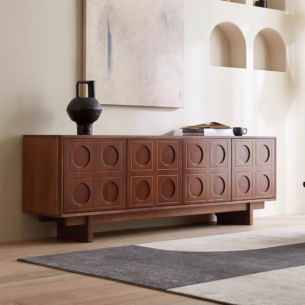 78.74 Mid-Century Brown Solid Wood TV Cabinet, Modern Media Console for Livingroom, Pre-Assembled