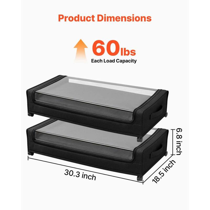 2 Pack Under Bed Storage Fabric Rolling Container with Casters and Clear Top Side Label Slots - 30.3 x 18.5 x 6.8 inch