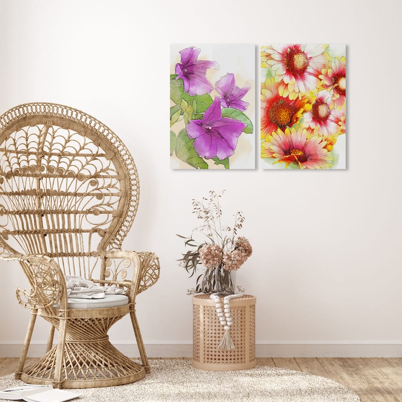 Wynwood Studio Canvas Floral and Botanical Coastal Floral Set Purple and Magenta Bohemian & Eclectic Wall Art Canvas Print - 36 x 24