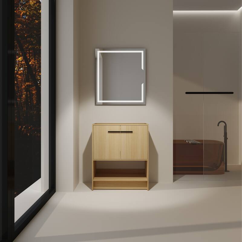 GDFStudio - Lisbon Modern Minimalist Freestanding Bathroom Vanity Cabinet with Soft Close Doors, Open Shelf, Sink NOT INCLUDED - 30" - Oak