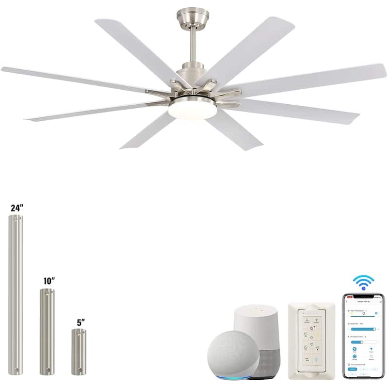 52 Inch/66 Inch/72 Inch Modern Ceiling Fan with Dimmable LED Light ,Remote&APP Control,8 Blades for Large Living Room,Porch
