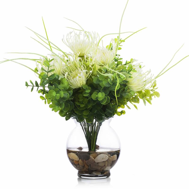 Enova Home Artificial Fake Peony Silk Flowers and Eucalyptus Grasses Arrangement in Clear Glass Vase with Faux Water for Decor - Cream