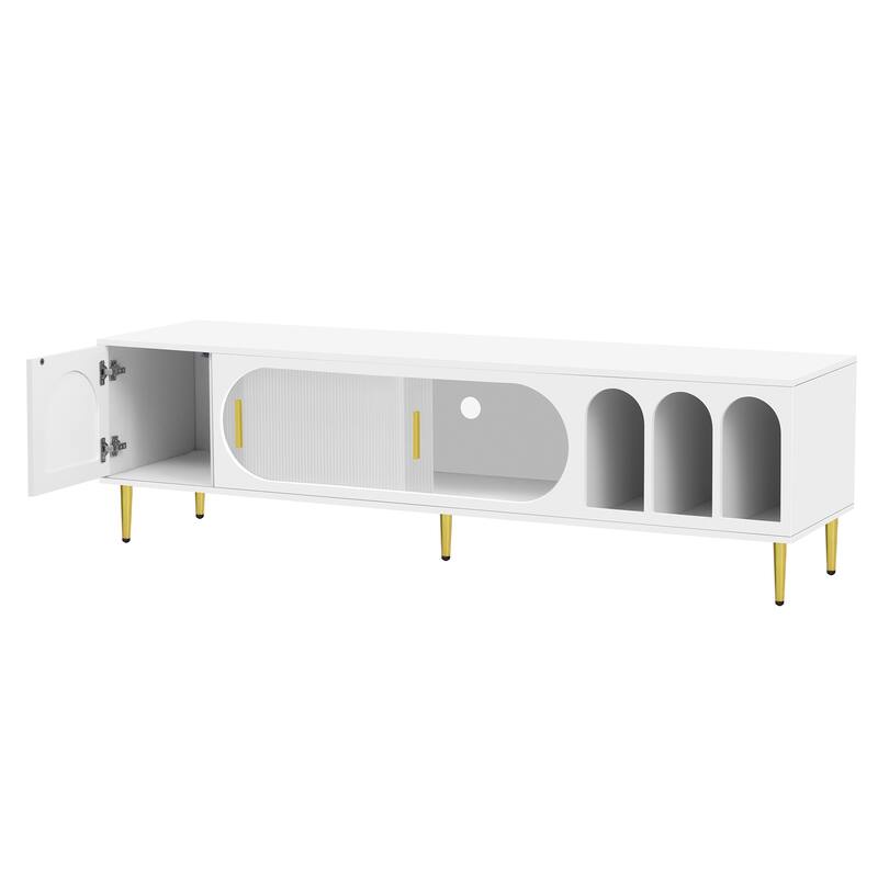 Modern TV Stand with Arched Shelves, Sliding Acrylic Door, Golden Metal Handles, and Ample Storage, Fits TVs up to 70 Inches.