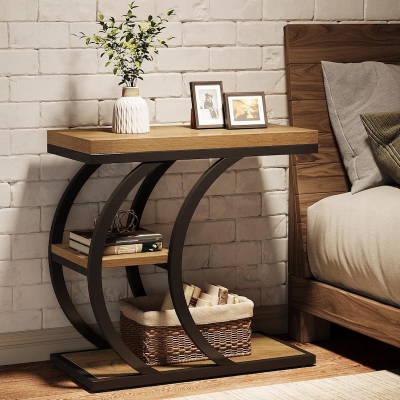 3-Tier Narrow Wood Couch C-Shaped Side End Table with Storage, Industrial Nightstand for Bedroom, Small Spaces