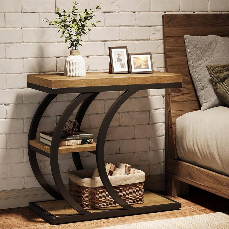 C-Shaped End Table for Living Room, 3-Tier Narrow Wood Side Table with Storage - 23.62" L x 11.81" W x 23.03" H