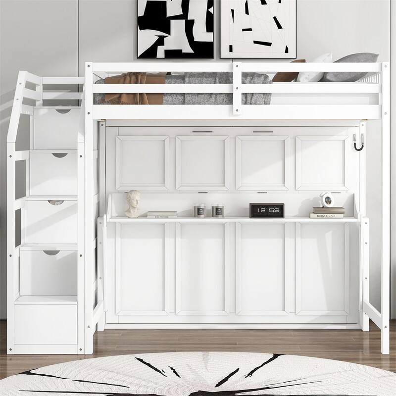 Full XL Size Loft Bed with Storage Staircase and Full Size Murphy Bed, Pine Wood Bunk Bed with LED Light and Desk - White