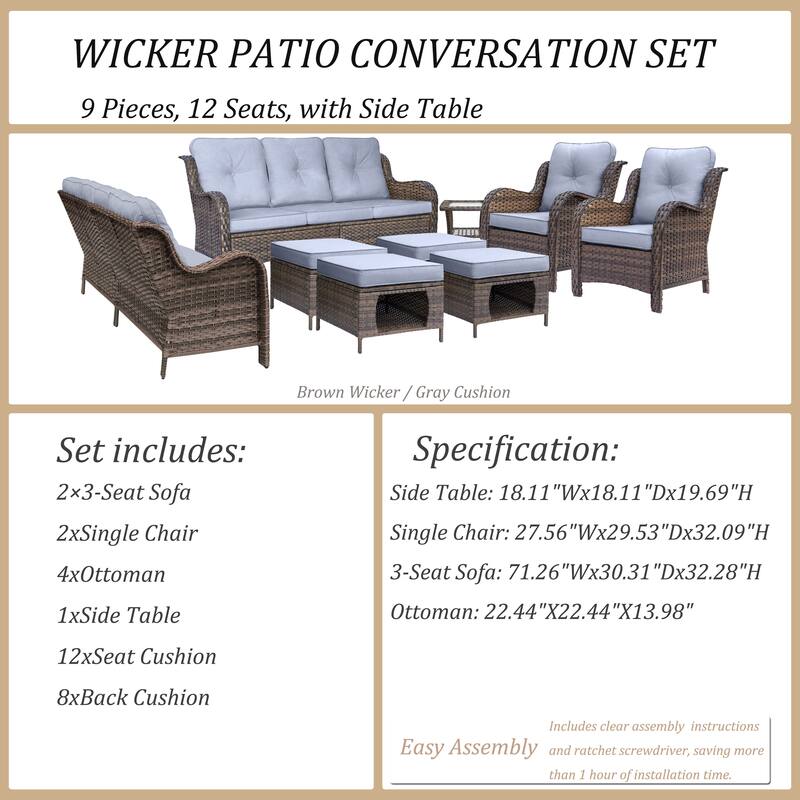9 Piece Wicker Outdoor Patio Furniture Seating Sofa Conversation Sets