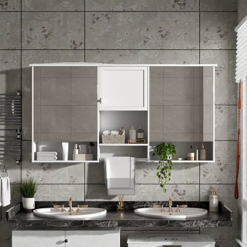 55 Inch Wall Mounted Mirror Cabinet with Adjustable Shelf, Soft Close Hinges, Bathroom Storage Organizer - White