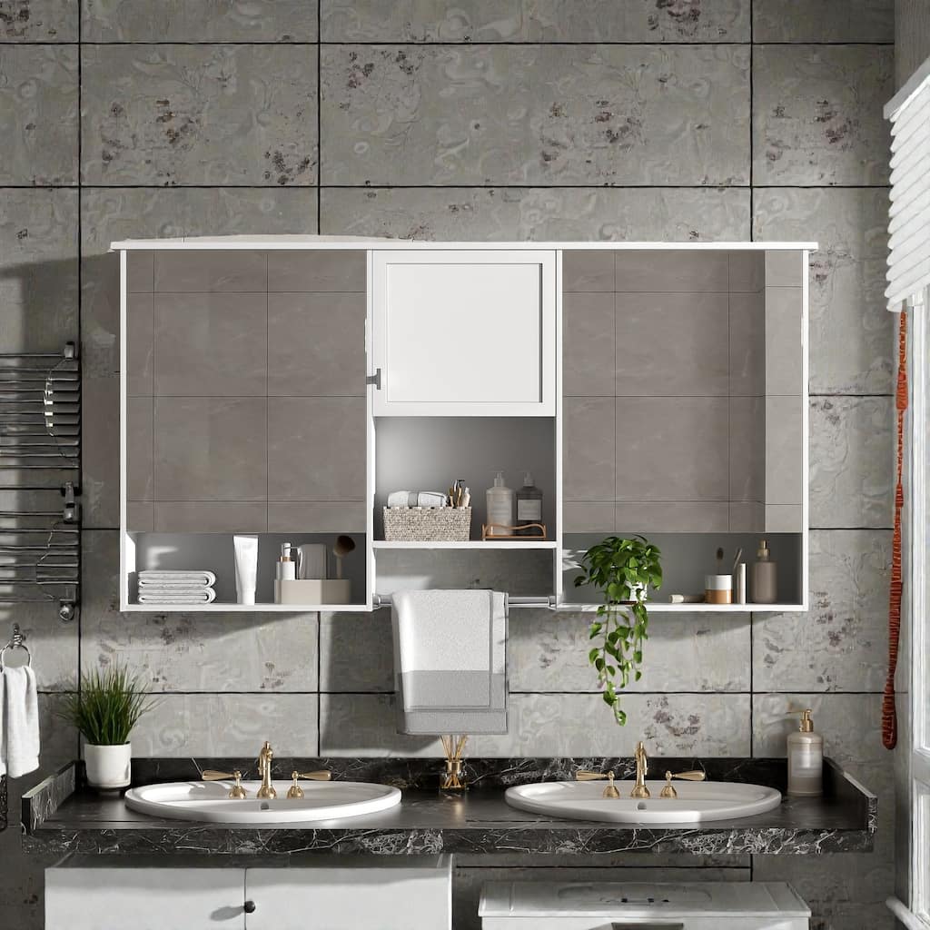 55 Inch Wall Mounted Mirror Cabinet with Adjustable Shelf, Soft Close Hinges, Bathroom Storage Organizer