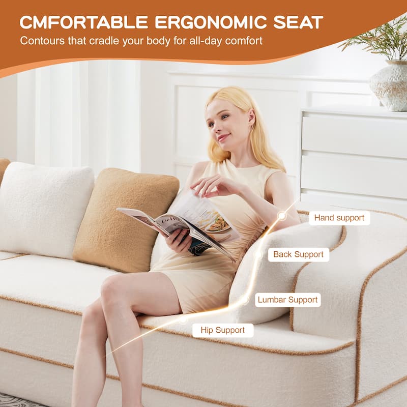 135" Two-Tone Sofa Teddy Fabric Sofa, Boneless Couch with Sponge Cushions, Stylish Sectional Sofa with Pillows for Living Room